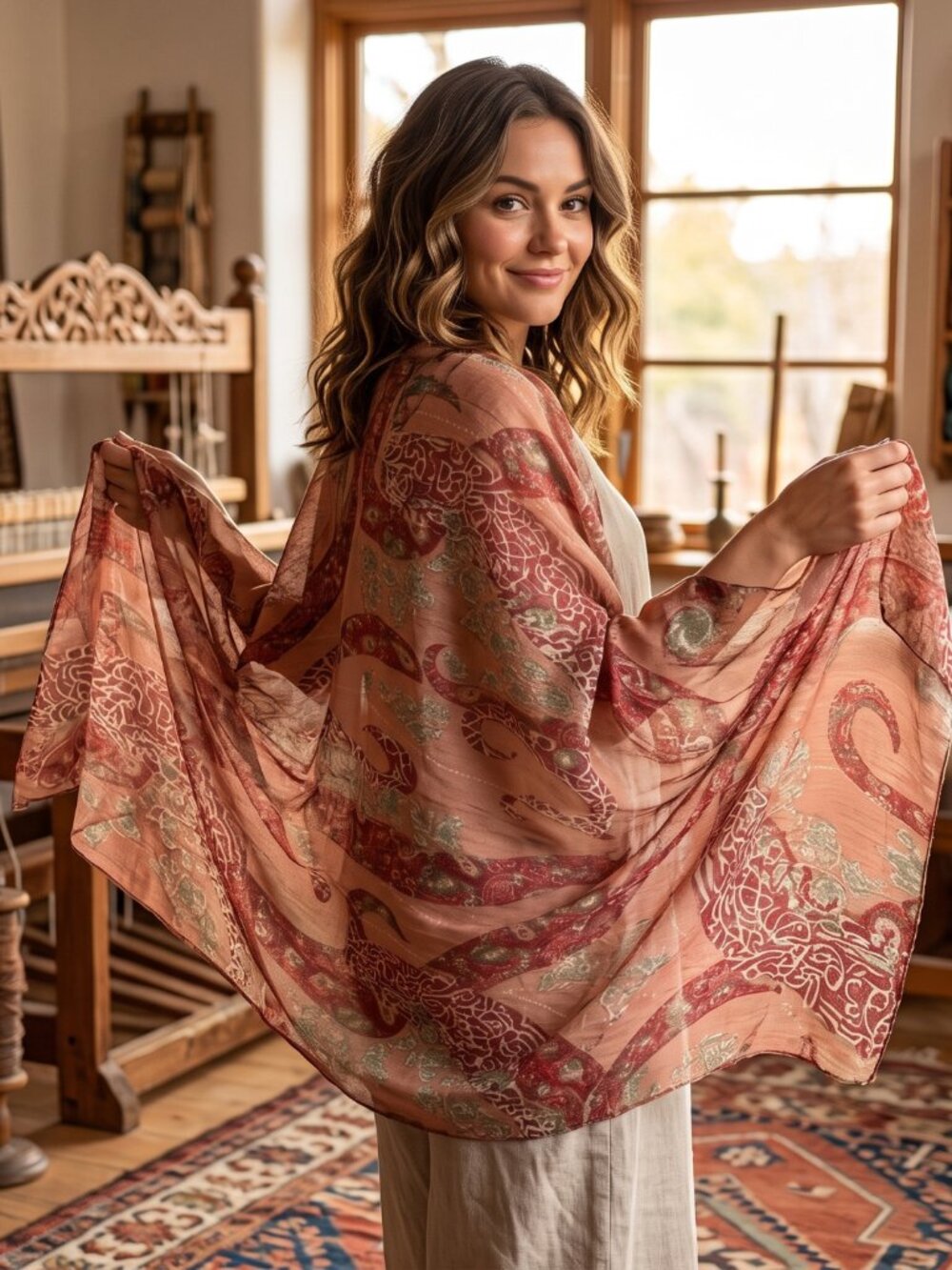 NWT Dressbarn Boho Coral Paisley Sheer Wrap Shawl Oversized Scarf 71x41